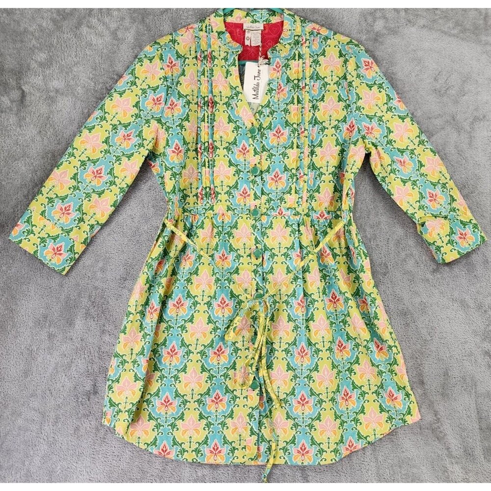 Matilda Jane Shirt Womens Medium Green Floral Button Up 3/4 Sleeve Tunic Blouse
